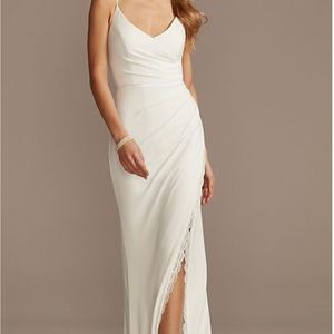 Davids Bridal ruched skinny strap dress with lace slit